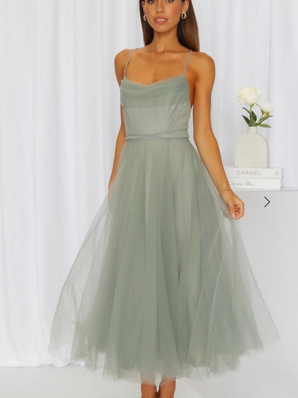 Hello Molly Sage Green Tulle Midi Dress